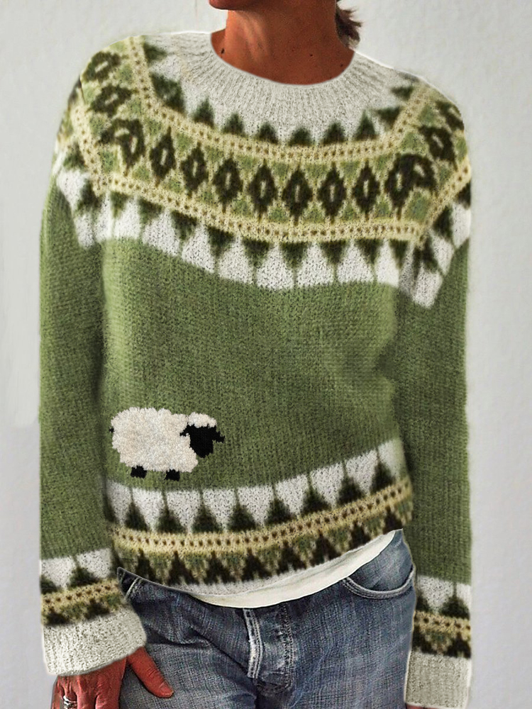 Vintage Fuzzy Sheep Embroidered Cozy Knit Isle Sweater