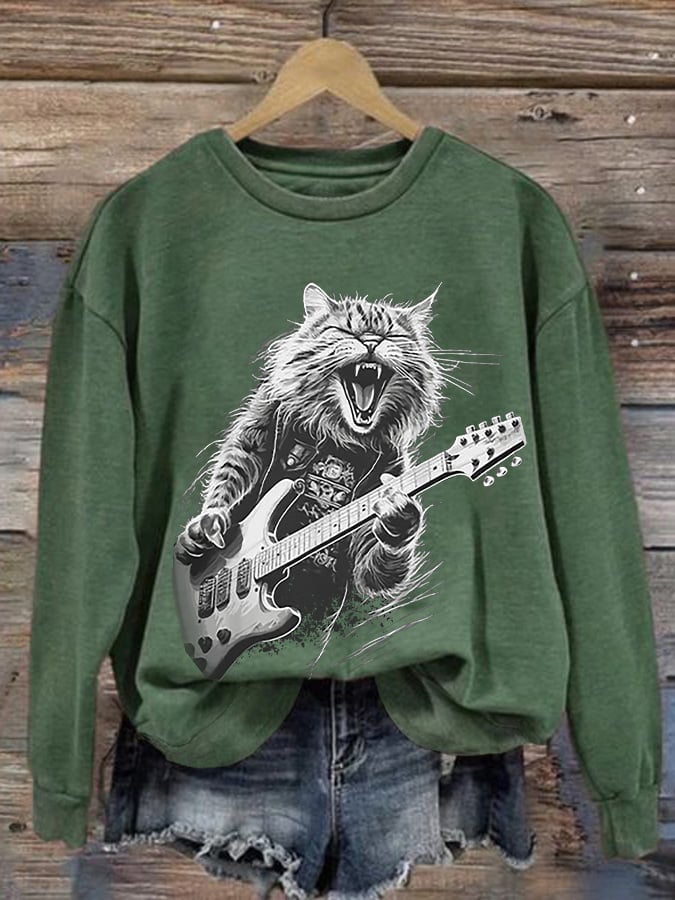 Retro Rock Guitar Cat Print Sweatshirt