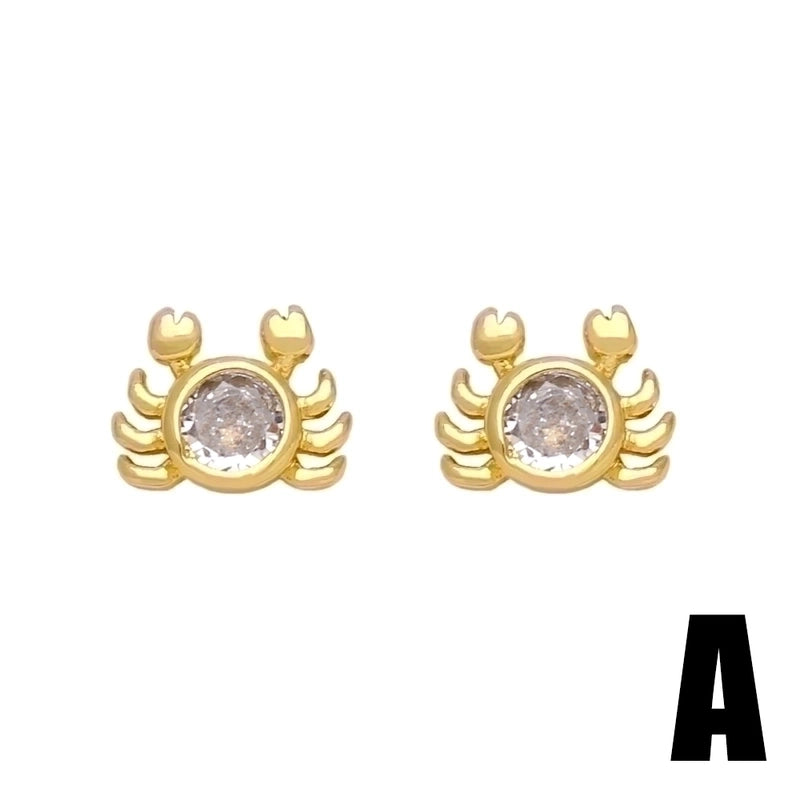 1 Pair Minimalist Heart Shape Crab Fish Bone Plating Inlay Copper Zircon 18k Gold Plated Ear Studs