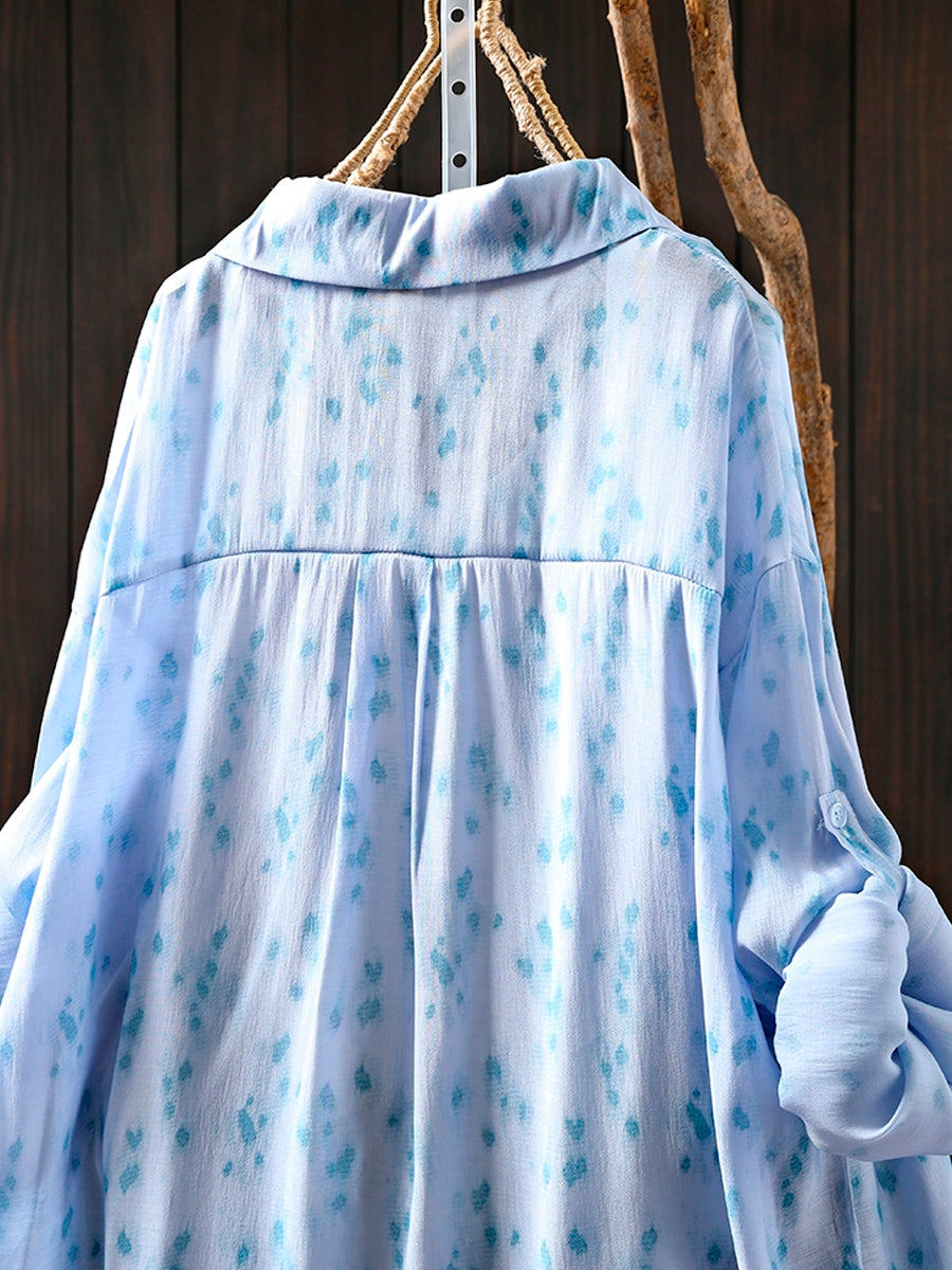 Women Summer Artsy Print Turn-down Collar Thin Shirt
