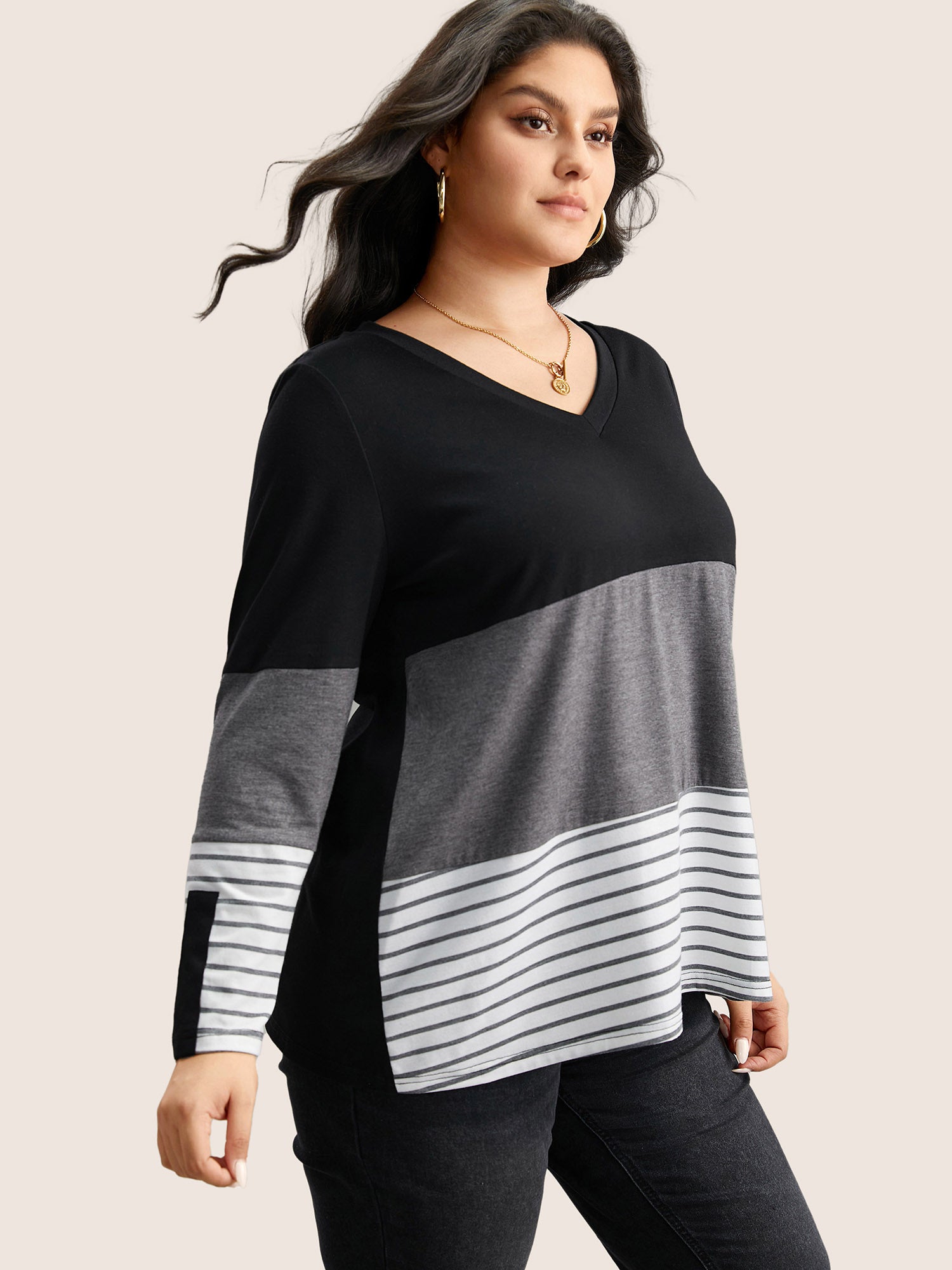 Colorblock Contrast Striped V Neck T-shirt