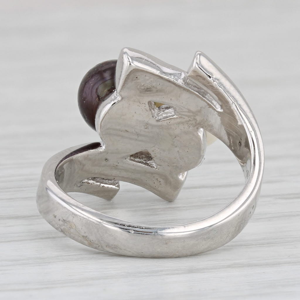 Cultured Black & White Pearl Bypass Ring 14k White Gold Size 3.5