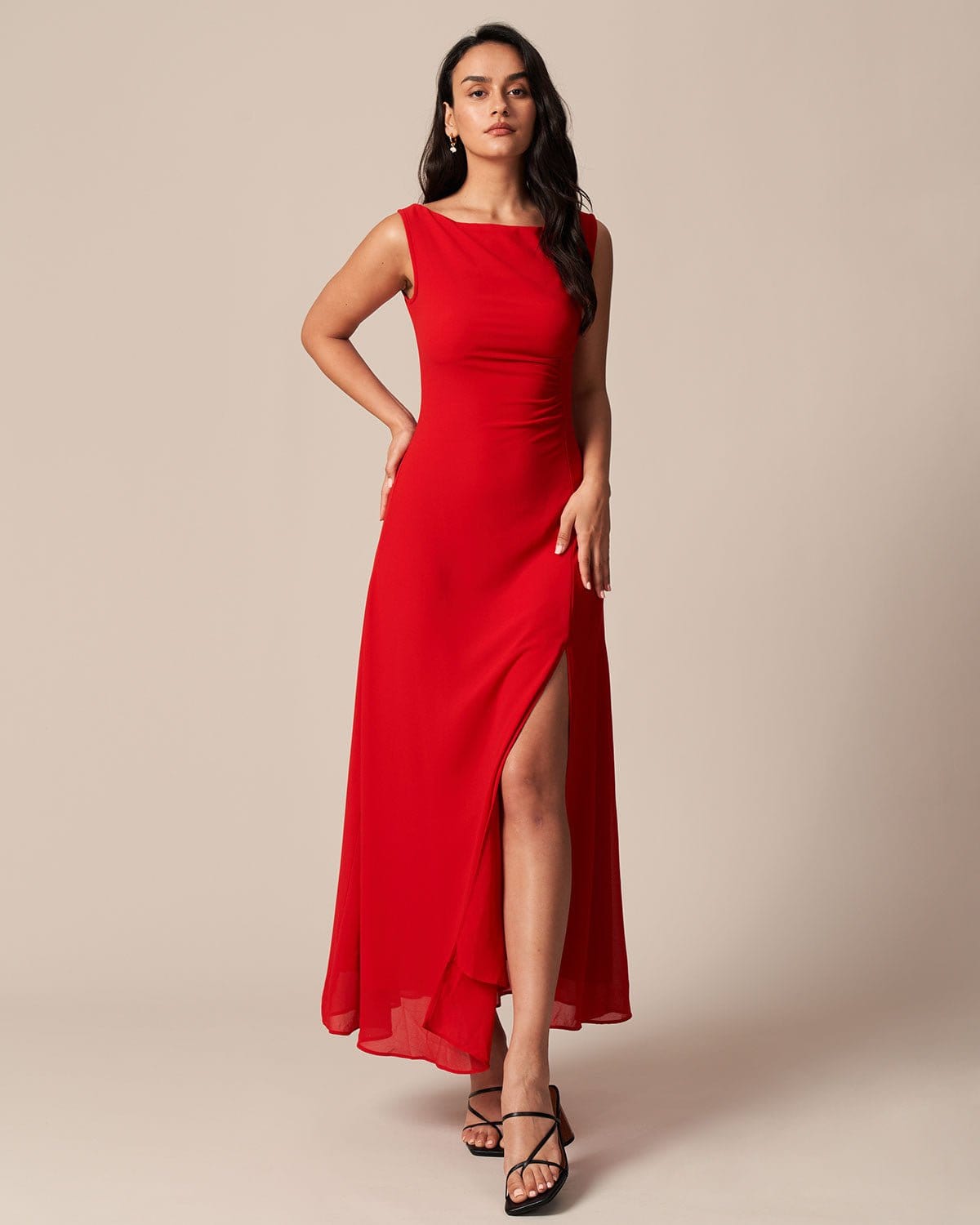 The Red Cowl Neck Cutout Ruched Maxi Dress