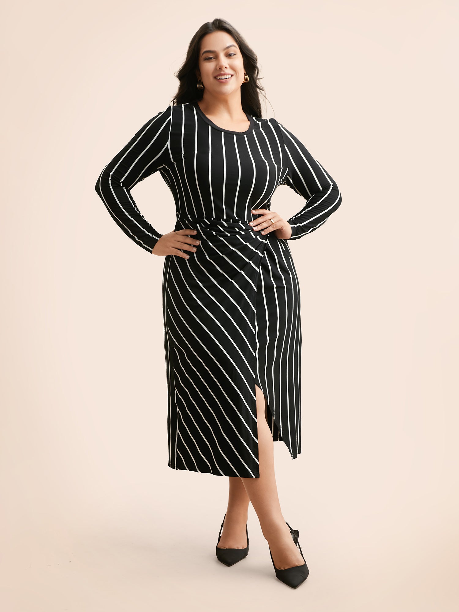 Striped Twist Front Split Hem Dress