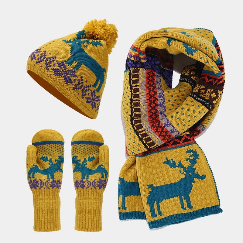 Women's Elegant Basic Minimalist Printing Acrylic Scarf Hat Gloves 3 Pieces Set