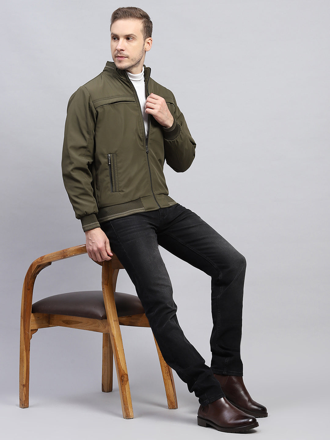 Men Olive Solid Mock Neck Full Sleeve Jacket