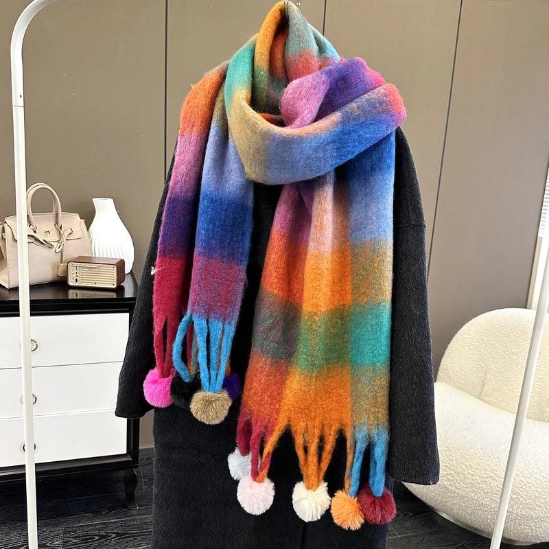 New Rainbow Stitching Dyed Plaid Scarf Women's Winter Atmosphere Long Style Thickened Tassel Scarf