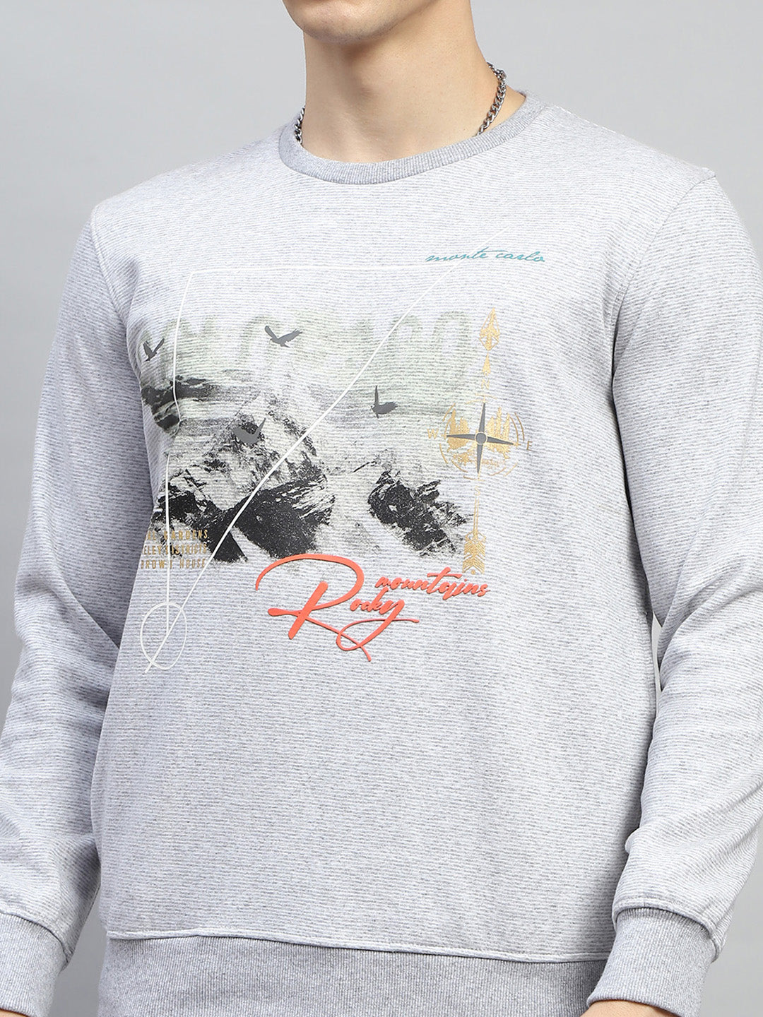 Men Grey Printed Round Neck Full Sleeve Sweatshirt