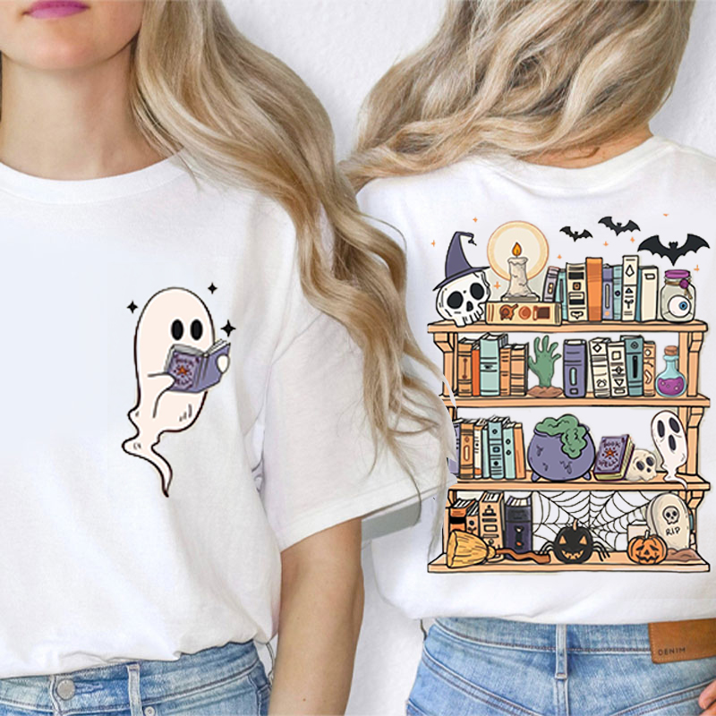 Ghost Reading Book Bookshelf Teacherr Two Sided T-Shirt