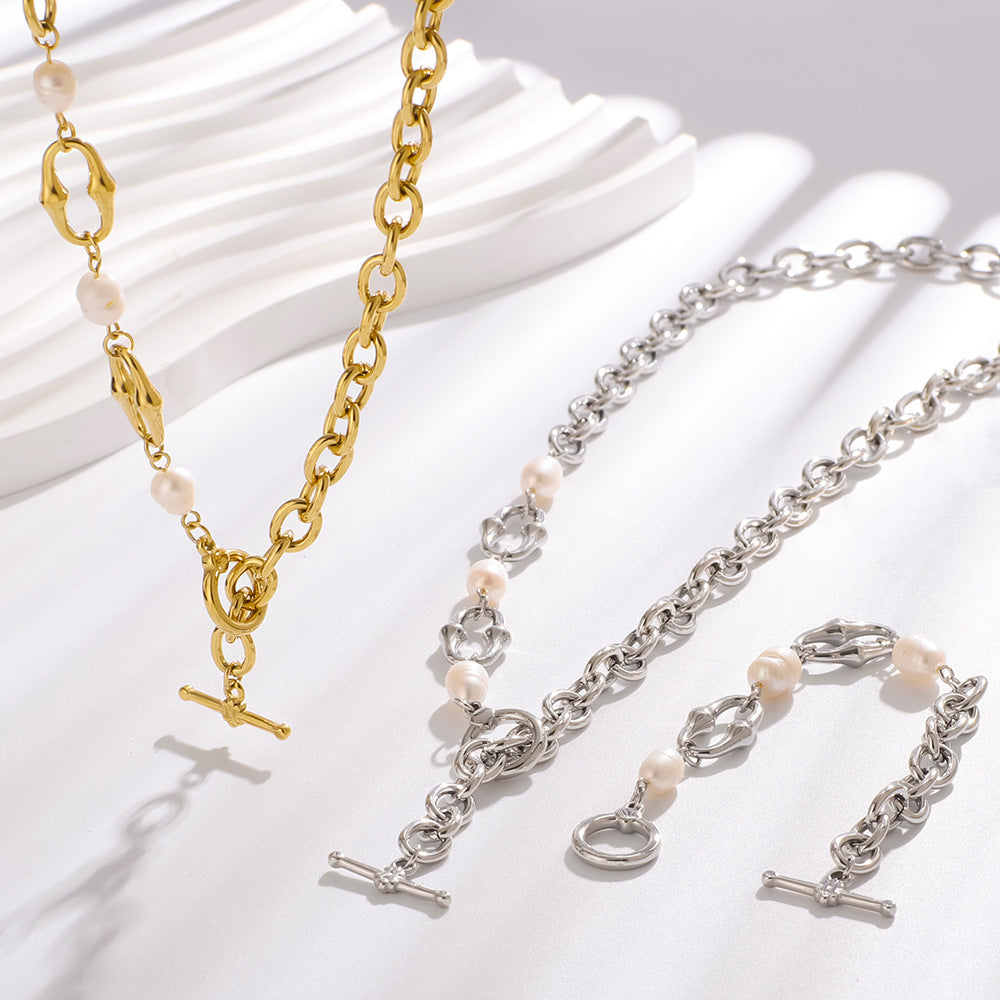 Trendy And Popular Chain Necklace Bracelet Set Stainless Steel Natural Pearl Ot Buckle