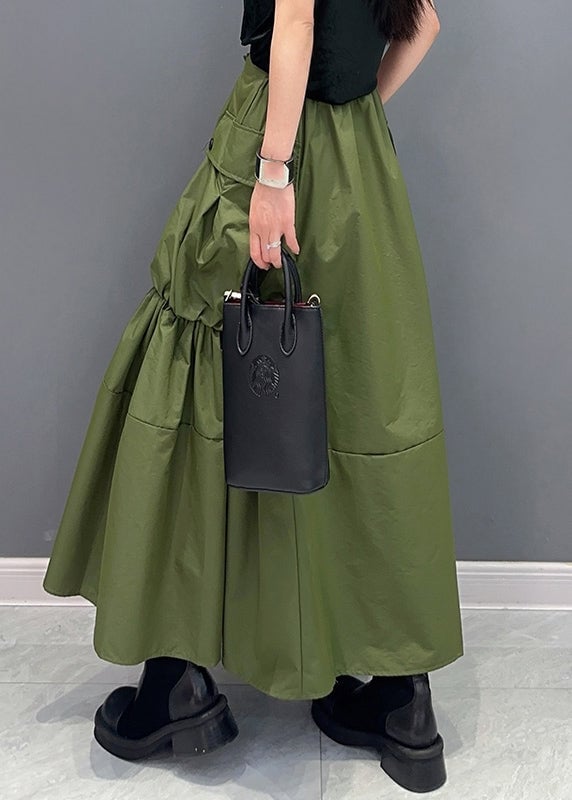 Women Green Pockets Patchwork Elastic Waist Maxi Skirts Summer