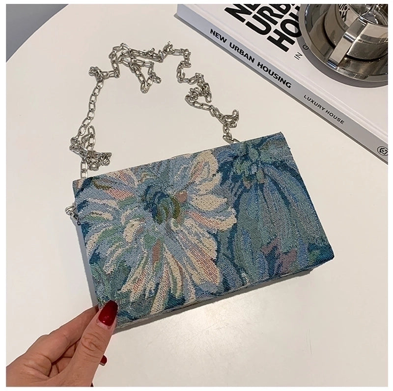 Women's Small Canvas Flower Streetwear Lock Clasp Crossbody Bag