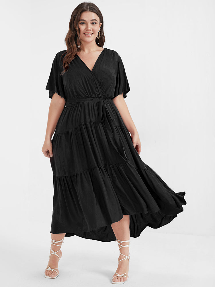 Solid Button Pocket Belted Ruffles Wrap Midi Dress