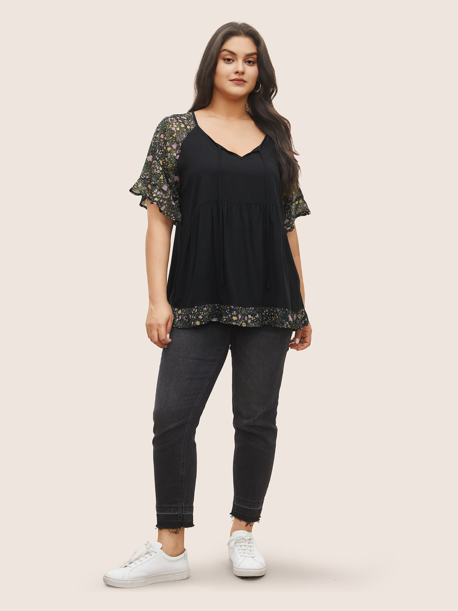 Ditsy Floral Patchwork Ties Flutter Sleeve Blouse