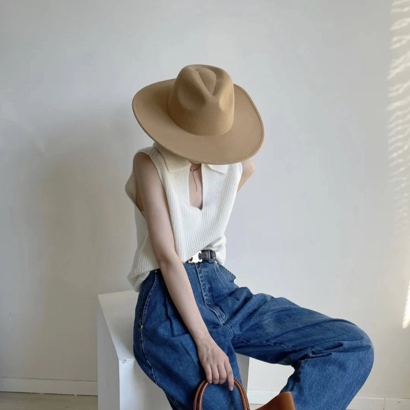 French Style Flat Top Hat Women's Spring And Autumn Winter And Summer  Camel Color Flat Rim Knight Wide Brim Woolen Jazz Hat Men