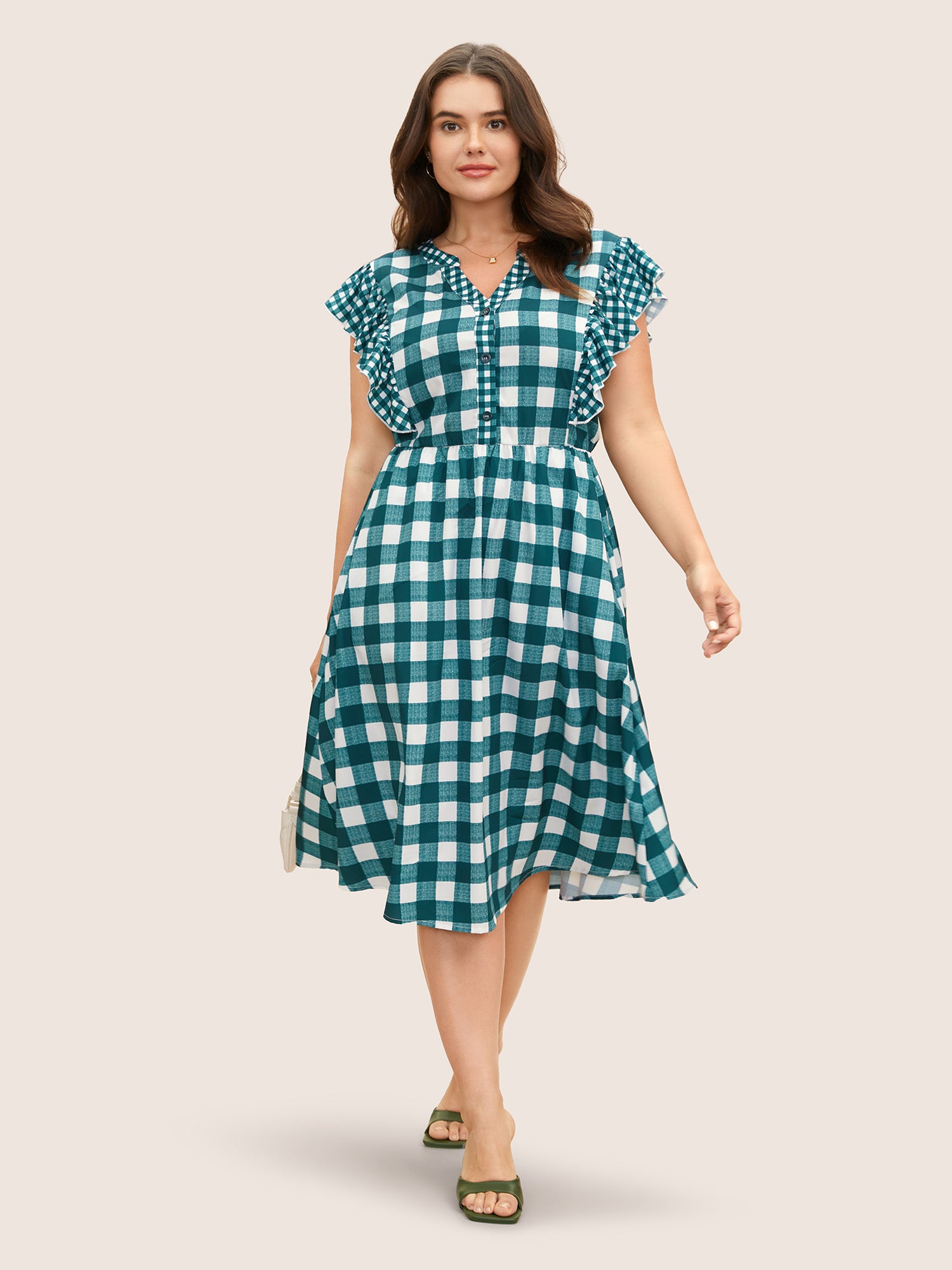 Plaid Notched Ruffle Cap Sleeve Midi Dress