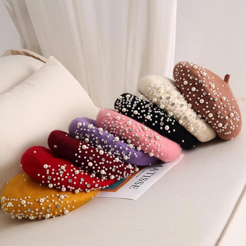 Style Pearl Rhinestone Wool Beret Women's Autumn And Winter British Style Retro Korean Style Japanese Style Western Style Painter Hat