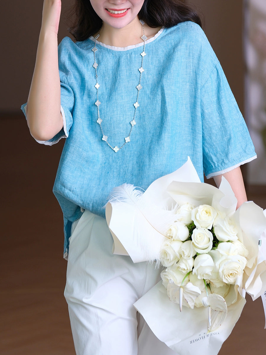 Women Summer Casual Pure Color O-Neck 100%Linen Shirt