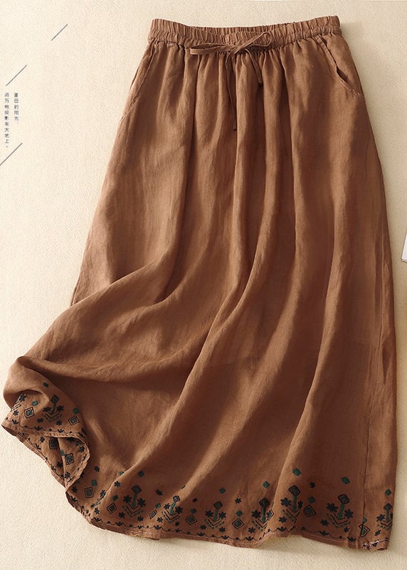 Vintage Green Embroidered Linen A Line Skirt Summer