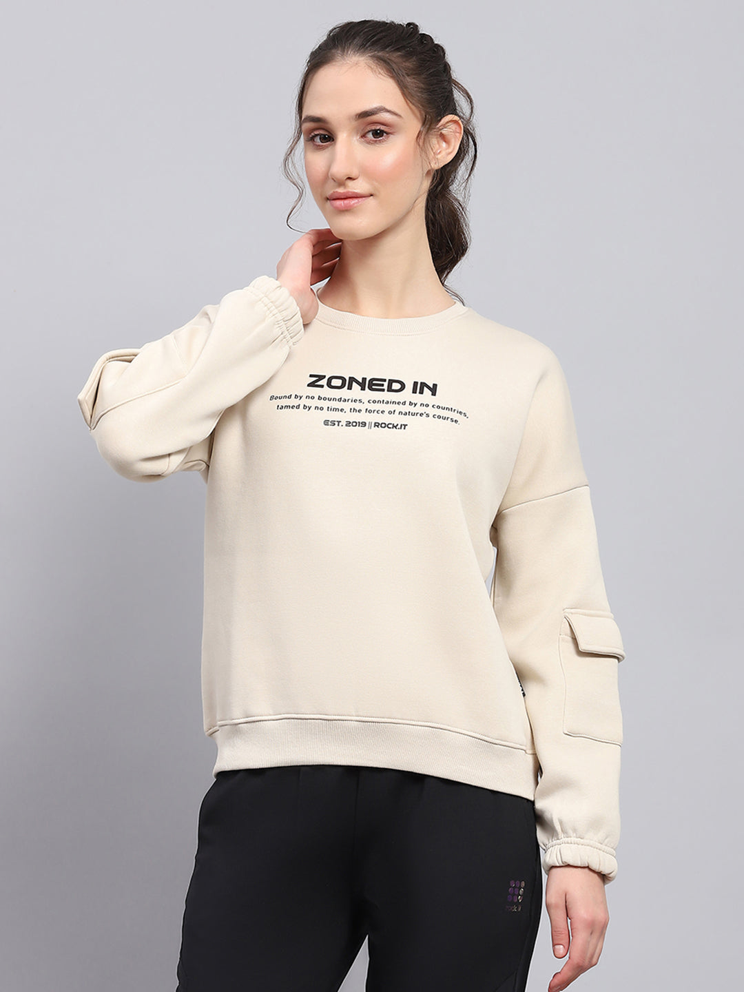 Women Beige Printed Round Neck Full Sleeve Sweatshirt