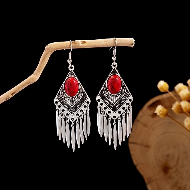 Bohemian Blue Turquoise National Style Earrings Imitation Miao Silver Metal Earrings Vintage Tassel Earrings