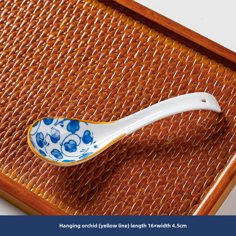 Small Soup Spoon Creative Blue And White Ceramic Spoon Household Thickened Curved Handle Anti-scalding Food Soup Spoon