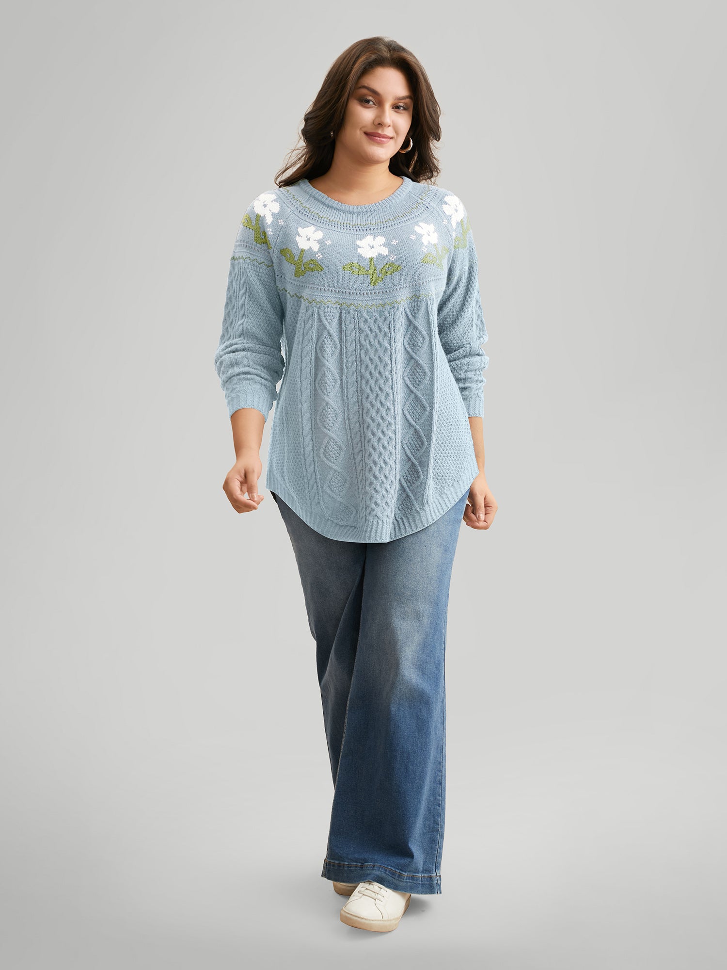 Floral Jacquard Raglan Sleeve Pullover