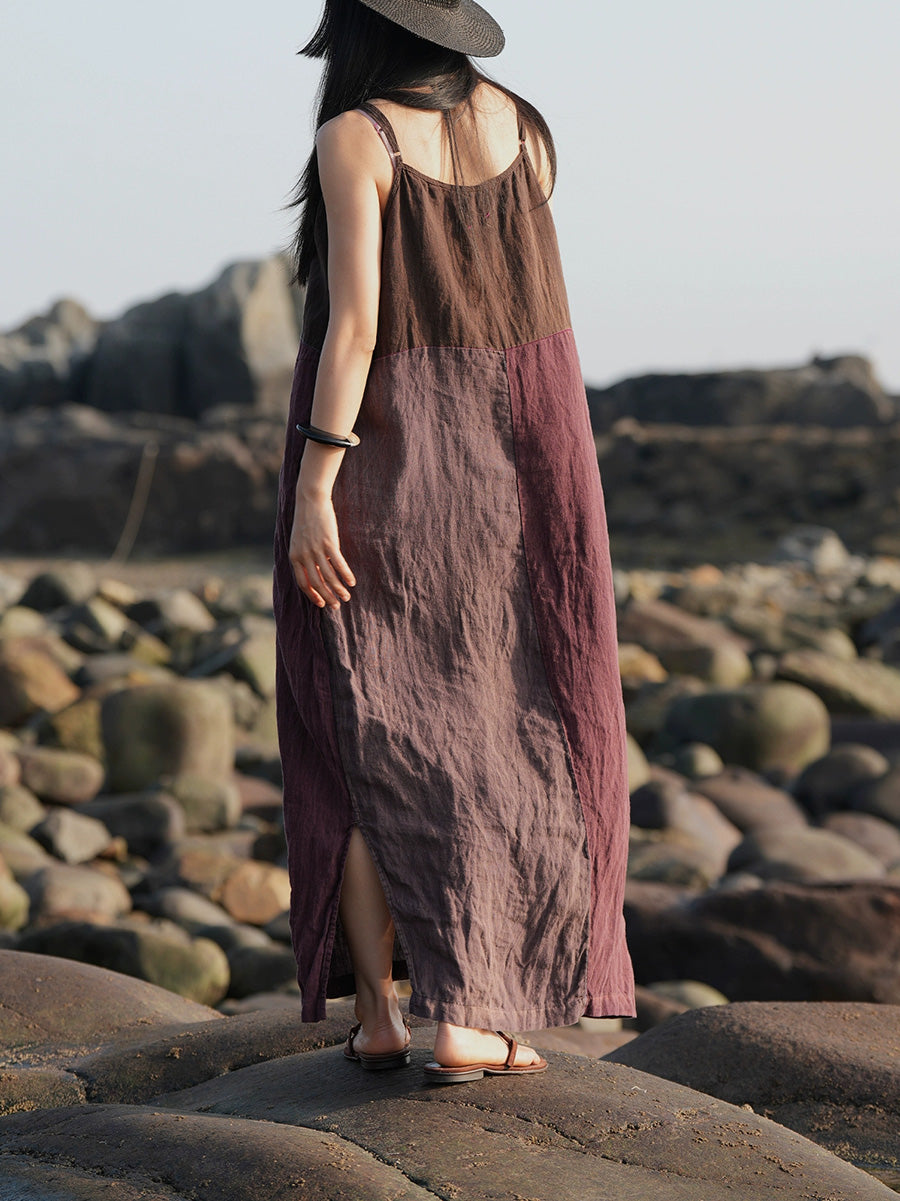 Plus Size Women Summer Vintage Patchwork 100%Linen Vest Dress
