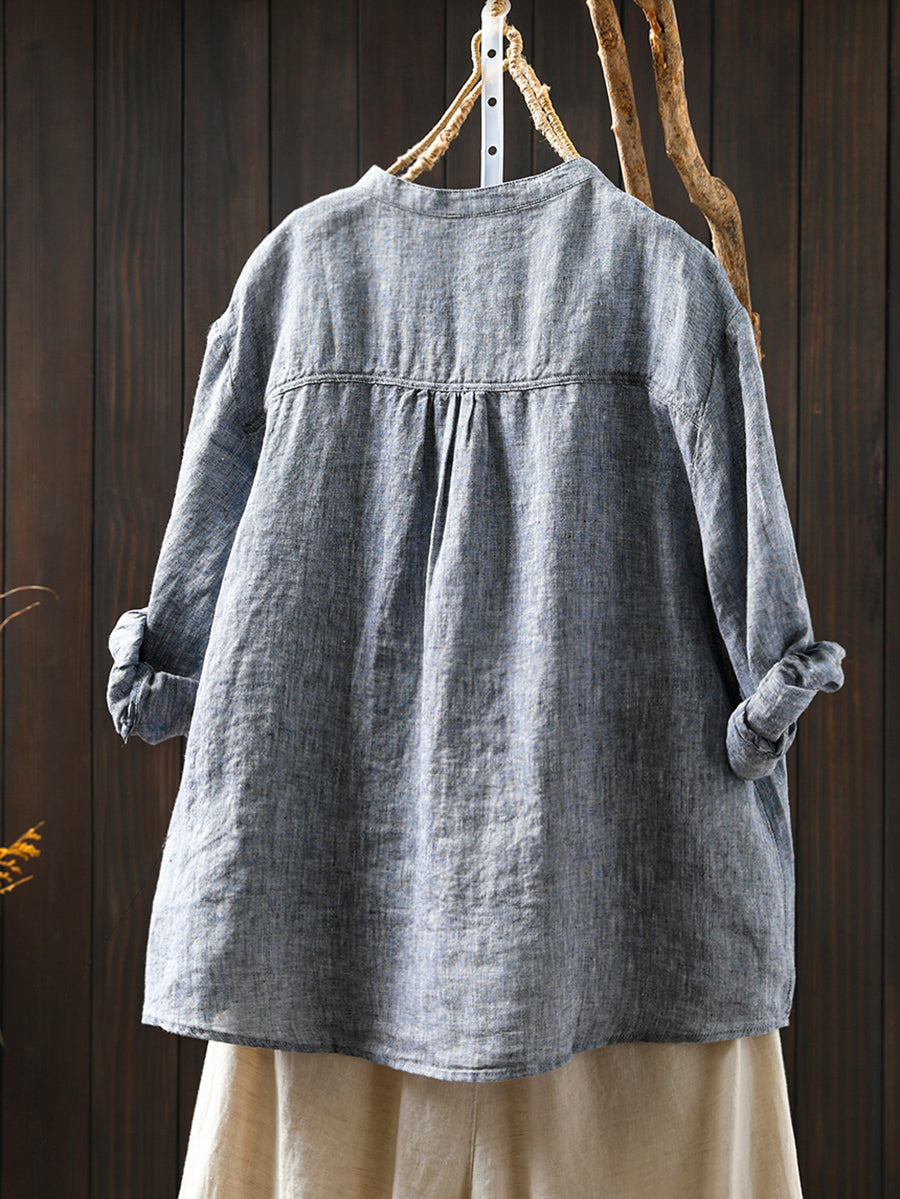Women Summer Pure Color Stand Collar 100%Linen Shirt