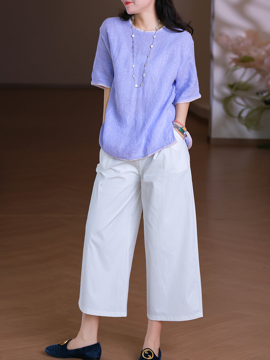 Women Summer Casual Pure Color O-Neck 100%Linen Shirt