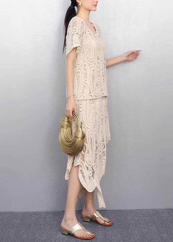 Women Beige O-Neck Lace T Shirt And Maxi Skirts Two Piece Set Short Sleeve