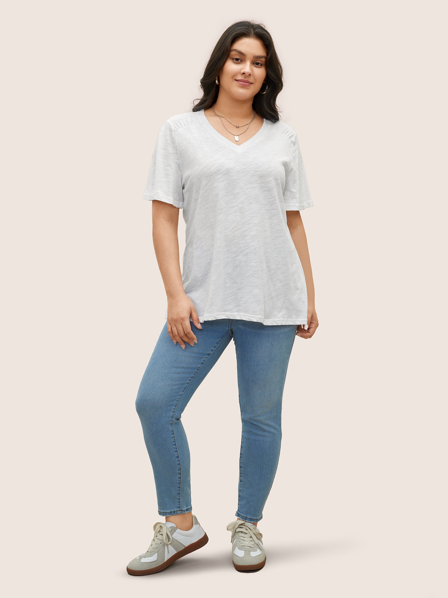 Plain Ruffle Sleeve Heather V Neck T-shirt