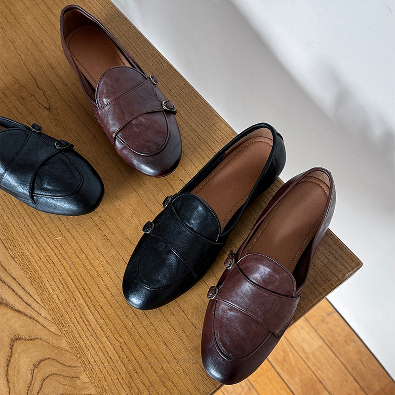 British Style Round Toe Monk Strap Low Heel Loafers in Brown/Black