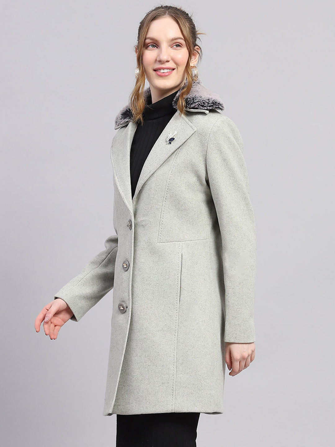 Women Grey Solid Notch lapel Collar Full Sleeve Coat