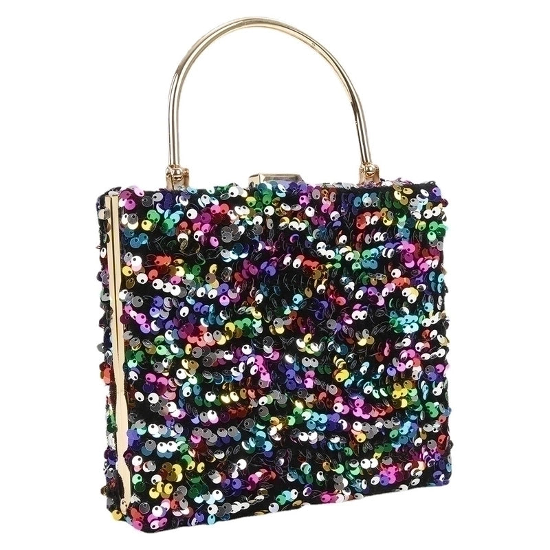 Black Colour Gold Polyester Solid Color Sequins Square Evening Bags