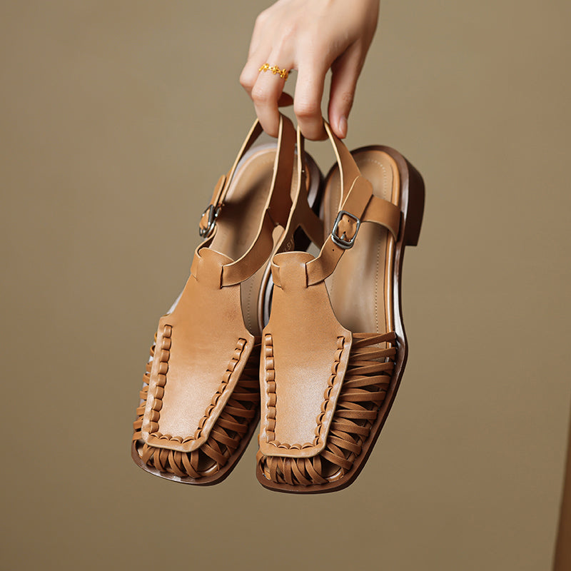 Designer Genuine Leather Fisherman Slingback Sandals T-Strap Woven Gladiator Shoes in Caramel/Beige/Black