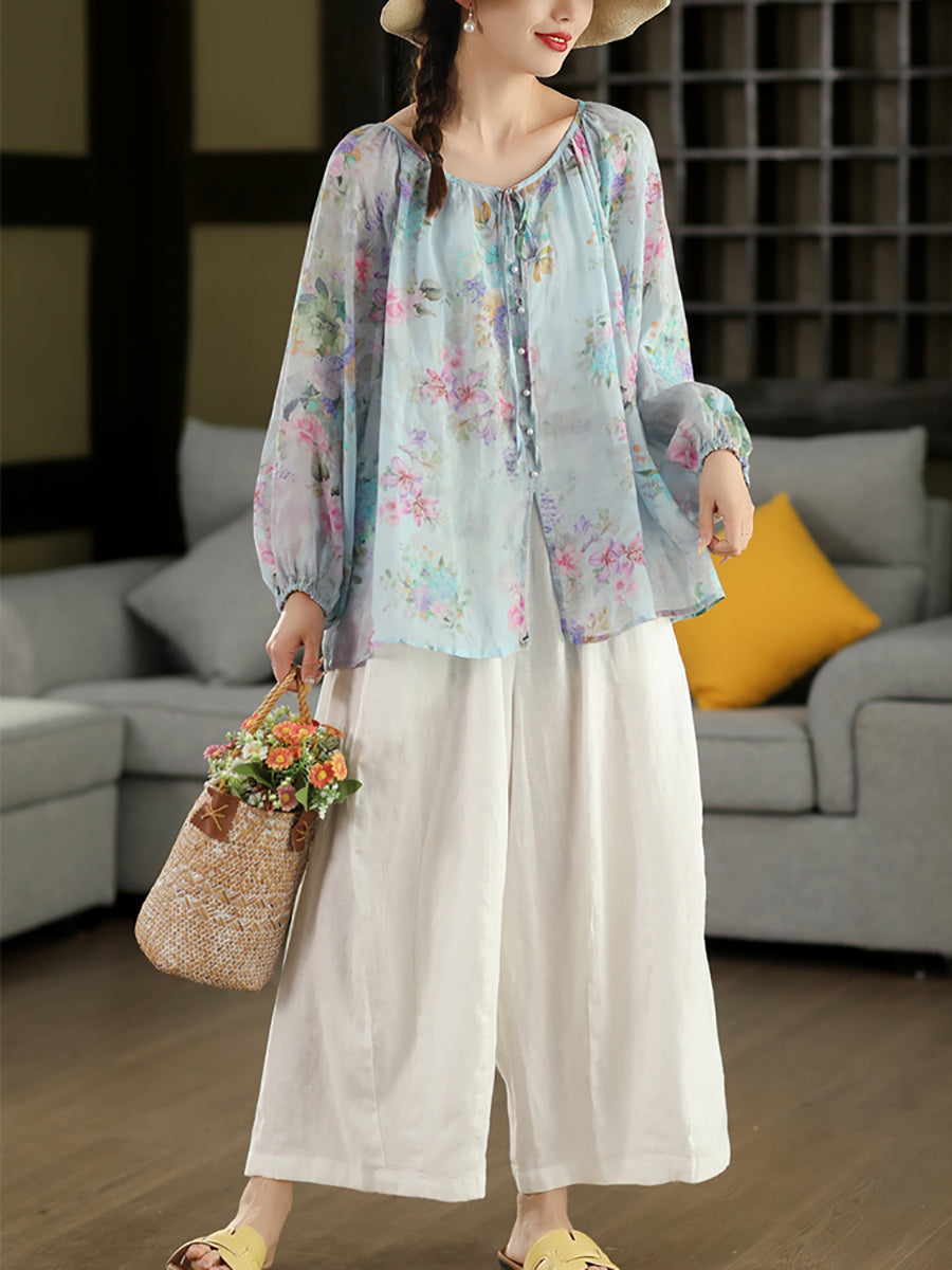 Women Summer Artsy Flower O-Neck 100%Raime Shirt