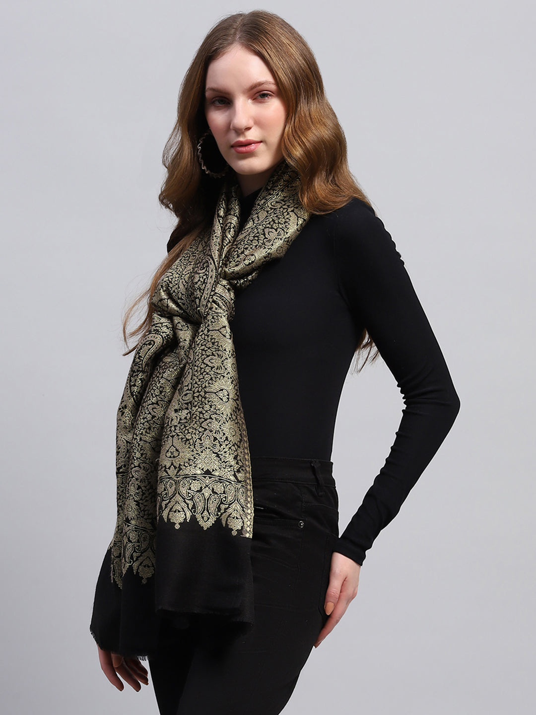 Women Black Self Design Stole