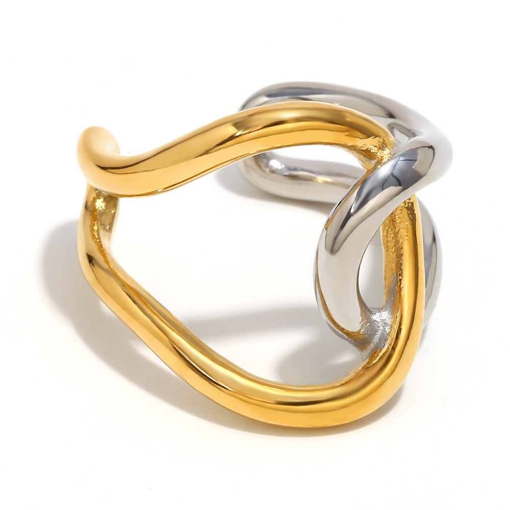 Ins Fashion Niche Design Personality Hand Jewelry Stainless Steel Plated 18K Gold Two-Color Geometric Snake Ring Female