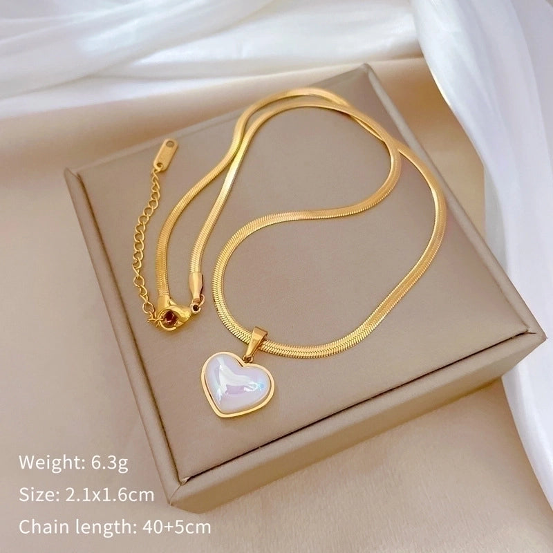 Minimalist Classic Style Heart Shape Titanium Steel Shell Inlay Pendant Necklace