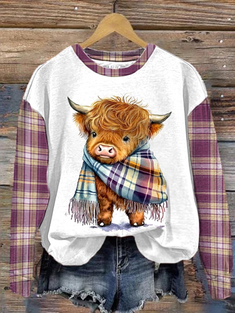 Cute Highland Cow Plaid Print Sweatshirt