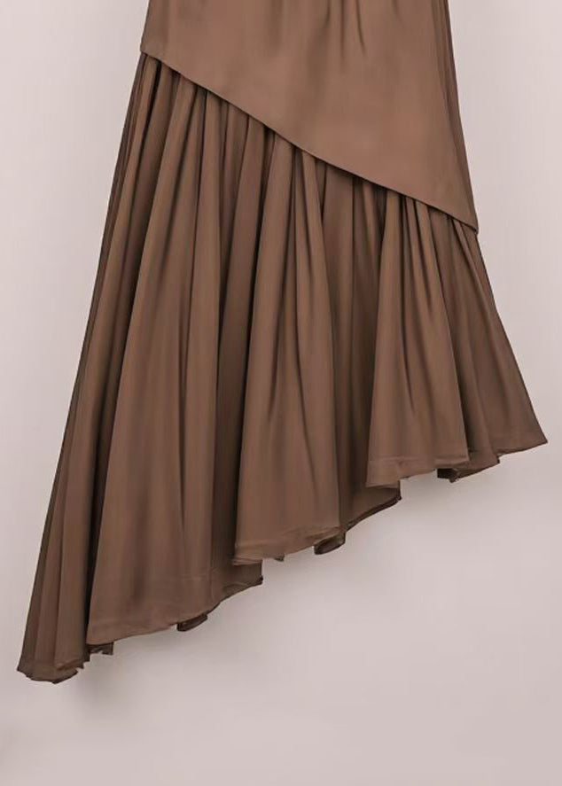 Loose Coffee Lace Up Wrinkled Cotton Skirt Summer