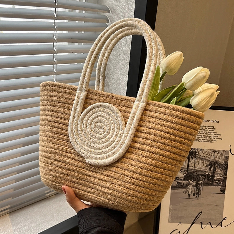 Women's Medium Cotton Rope Color Block Beach Classic Style Square Open Tote Bag