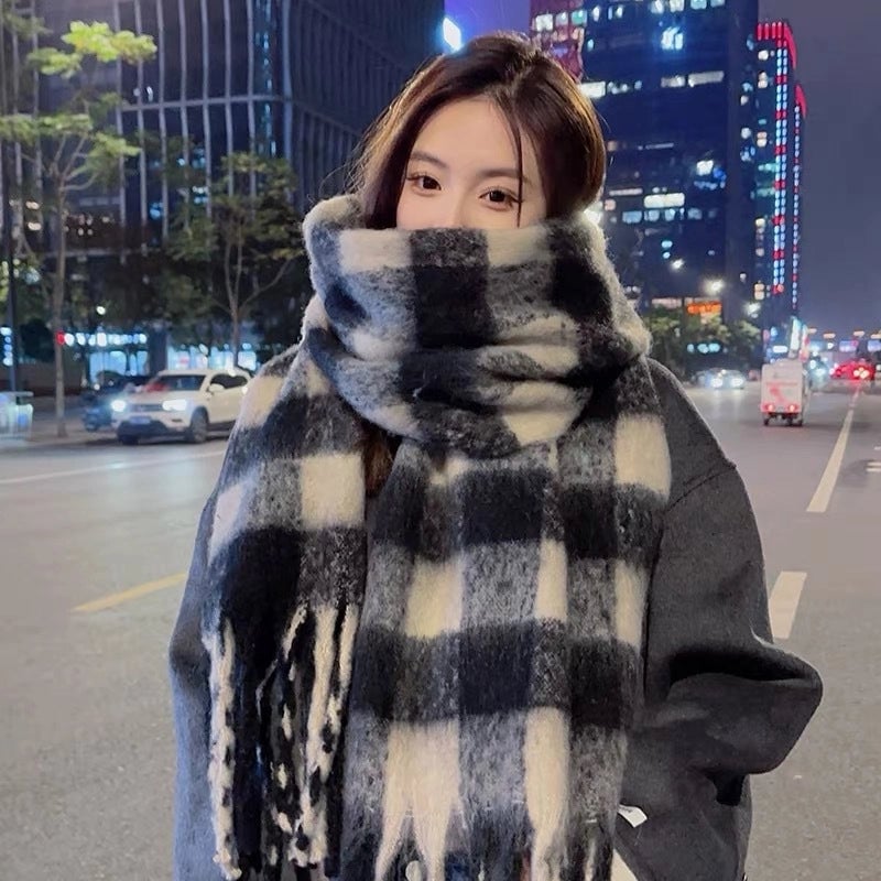 Plaid Scarf Women's Winter High-grade Gradient Mohair Thickened Warm Scarf New Cashmere-like Shawl