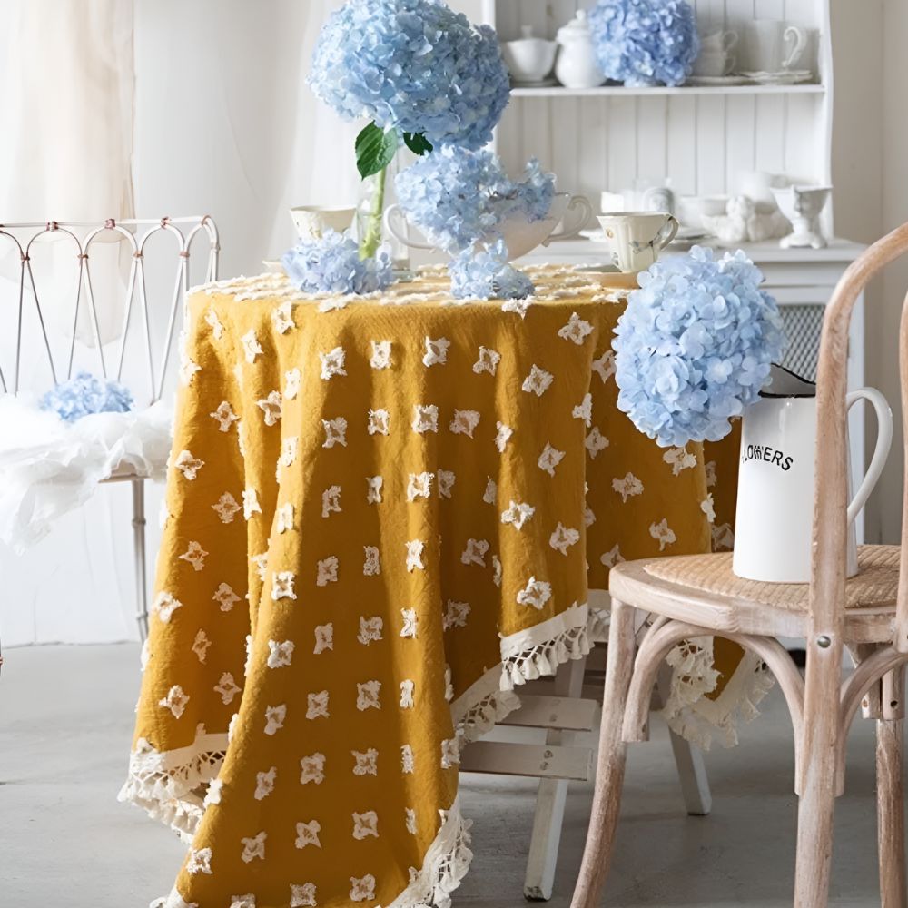 Versatile Yellow Embroidered Tassel Tablecloth