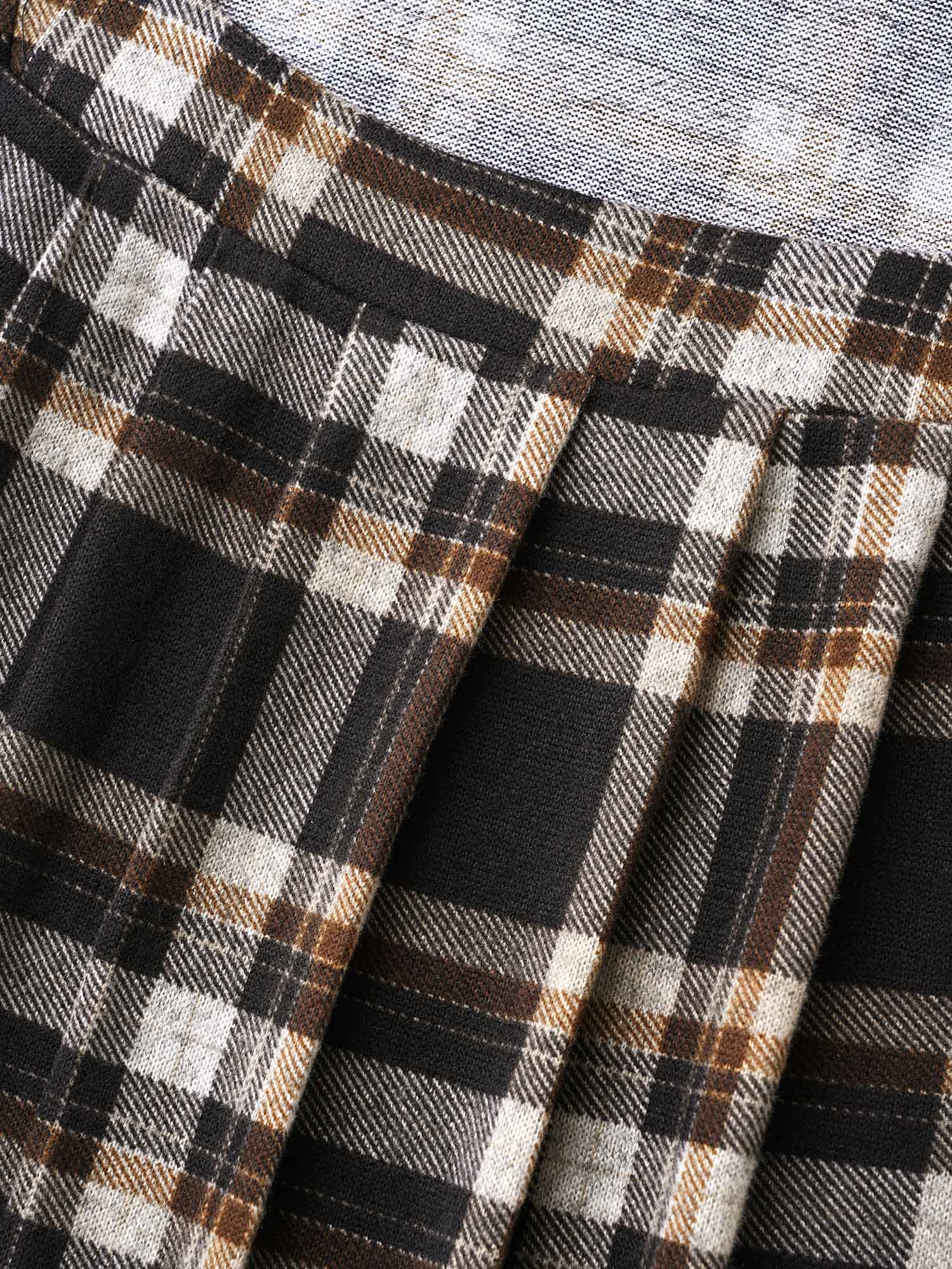 Plaid Pleated Square Neckline Knit Top