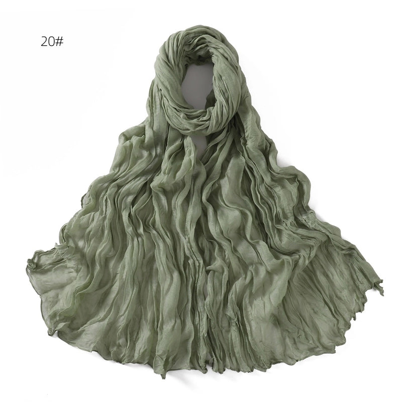 Spring And Autumn Pure Color Silk Yarn Twist Wrinkle Cotton And Linen Breathable Thin Scarf Female Cover Scarf In Stock