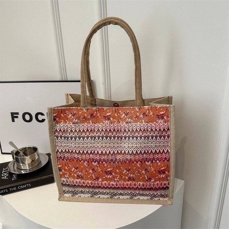 Women's Linen Color Block Classic Style Square Magnetic Buckle Shoulder Bag