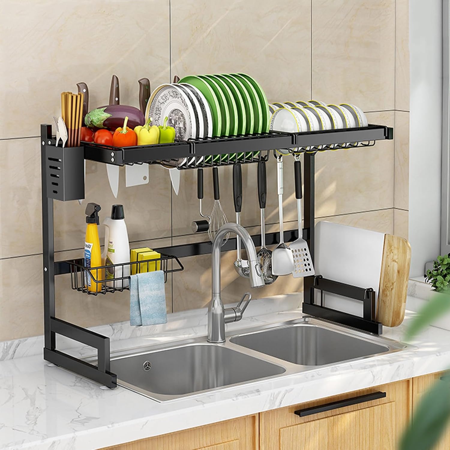 Kitchen Sink Rack- Double. Stainless Steel Over Sink Dish Drying Rack