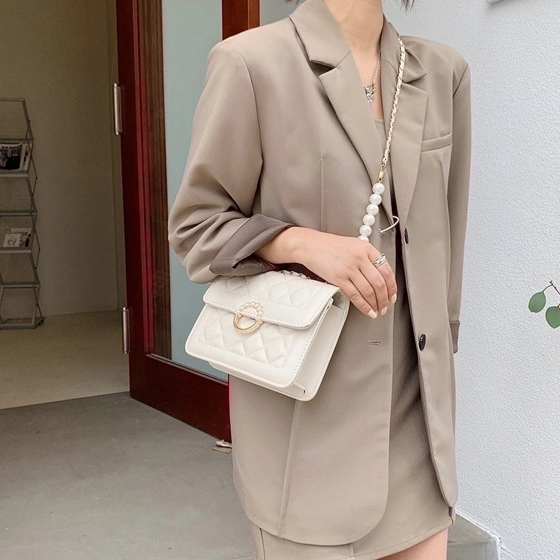 Women's Small Pu Leather Lingge Fashion Pearl Square Magnetic Buckle Crossbody Bag